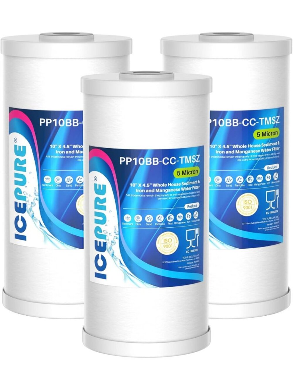 Whole House Water Filter - 5 Micron Sediment & Iron Removal, 3-Pack Replacement